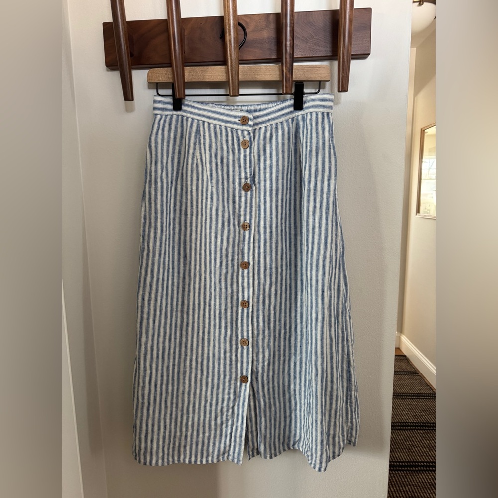 Faherty Whitley Linen Skirt, Blue Low Tide Stripe, size M
